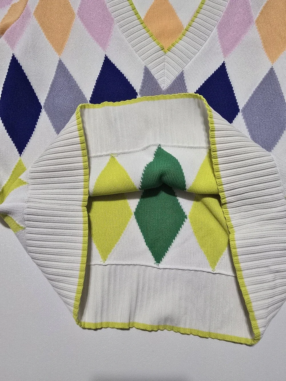 Kate Spade New York Spring Argyle Sweater Short Sleeves V-neck Size L